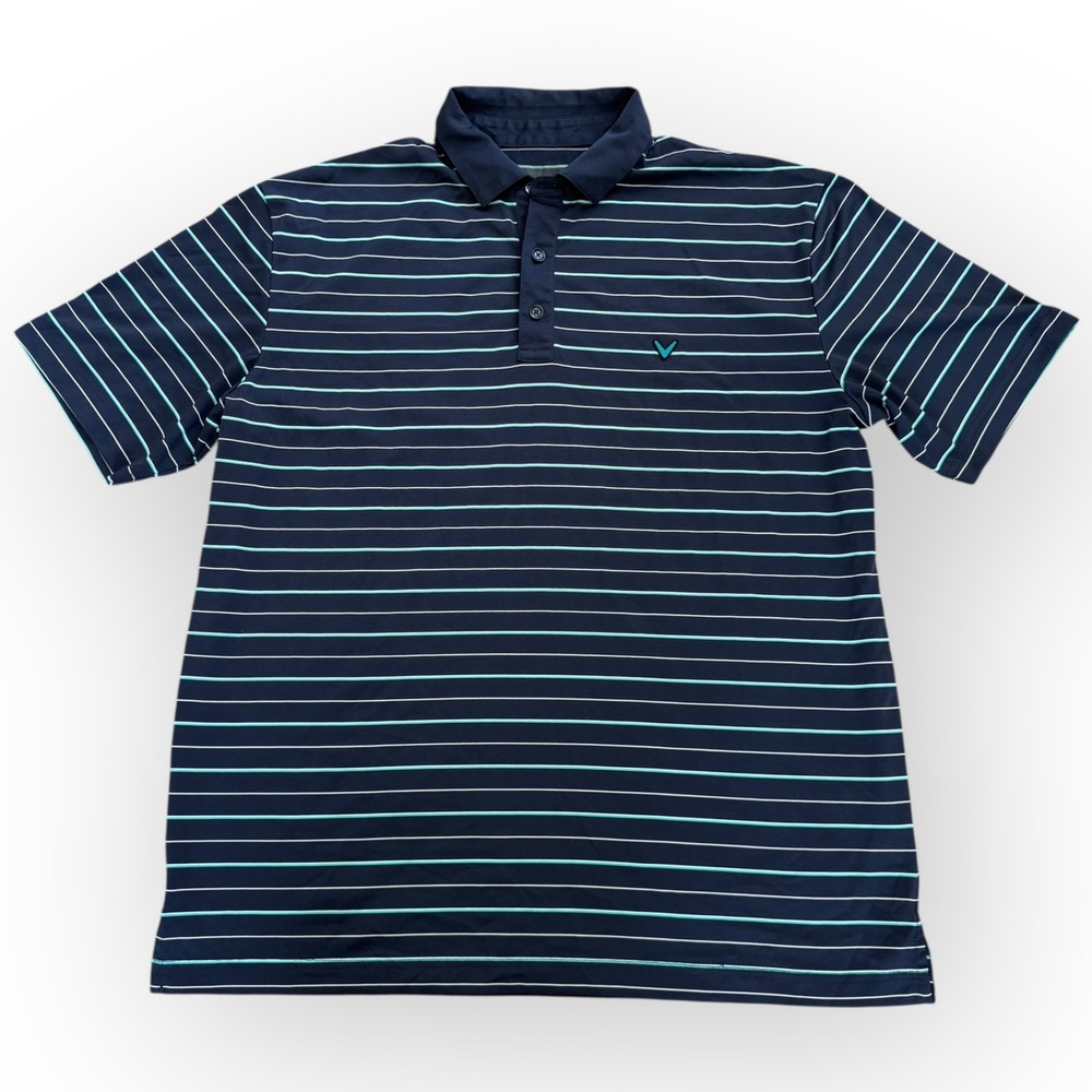 Callaway Golf‎ Polo Shirt Men's Navy Stripe Polyester Short Sleeve Size XL